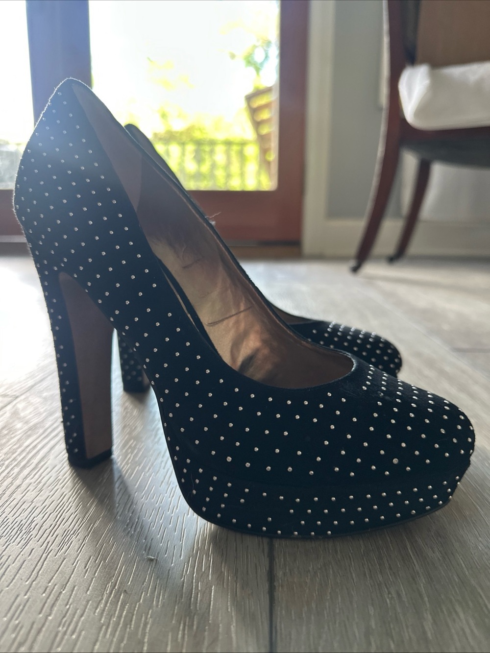 BCBGeneration Black Rhinestone Platform Block Heel Pumps - Picture 3 of 5